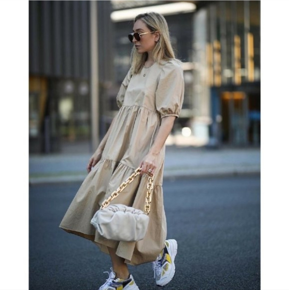 Zara Puff Sleeve Tiered Midi Dress Tan Cream Small Pockets Puff Sleeve